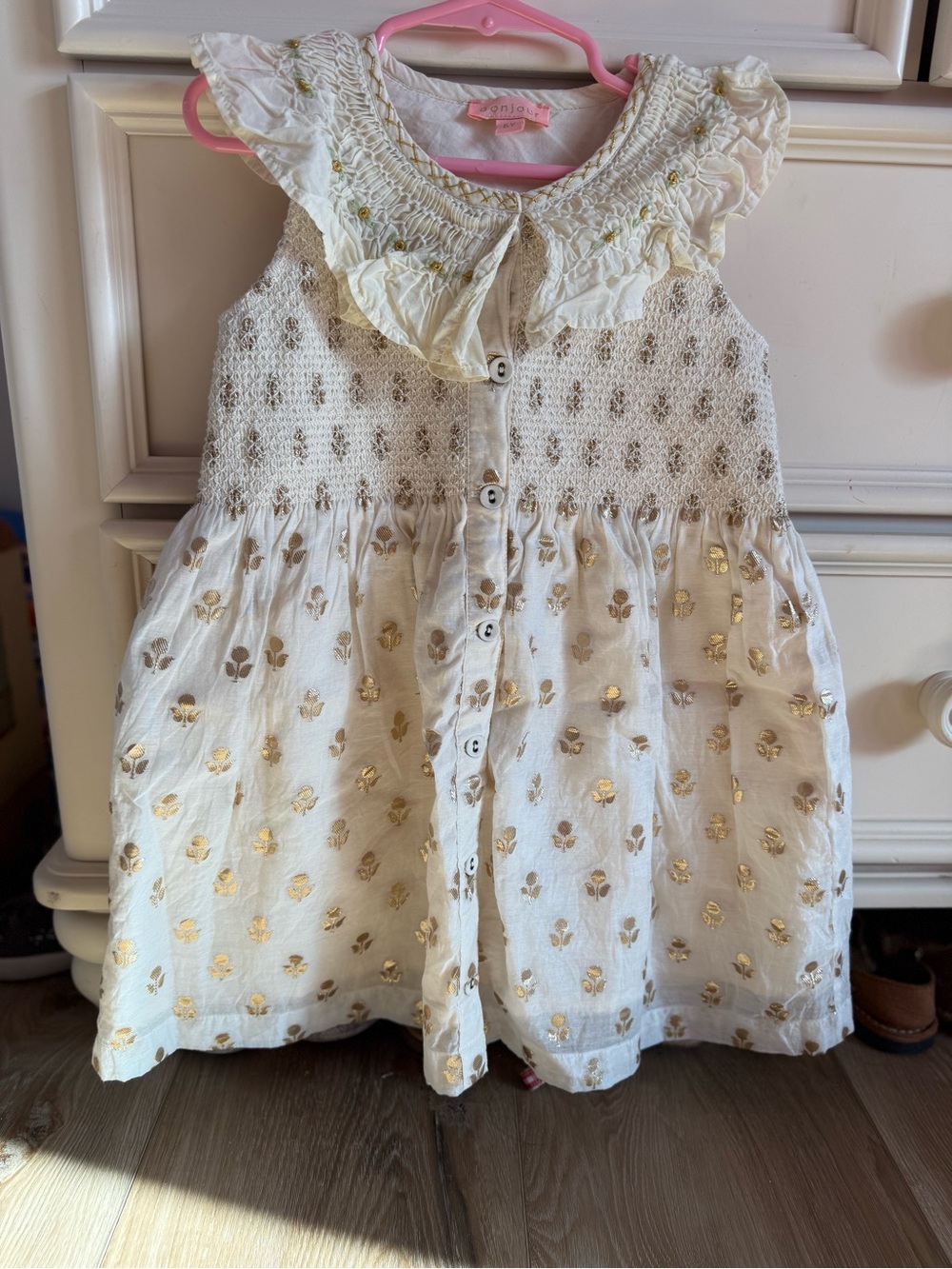 Girls White & Gold Floral Smocked Dress